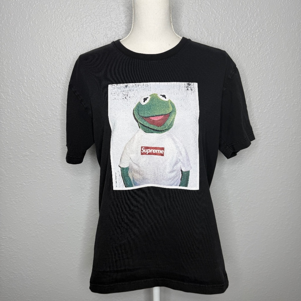 Black T-shirt with Kermit on the front with Supreme logo on his Shirt -cp